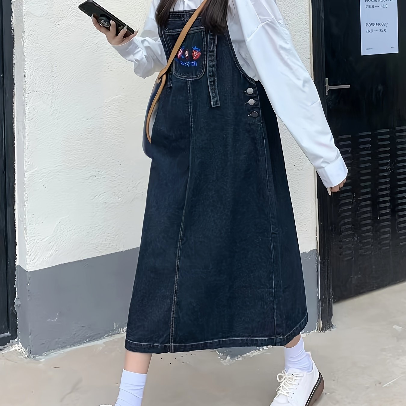 Women's Dark Wash Denim Overalls Dress with Strawberry Embroidery Pocket Casual Pinafore