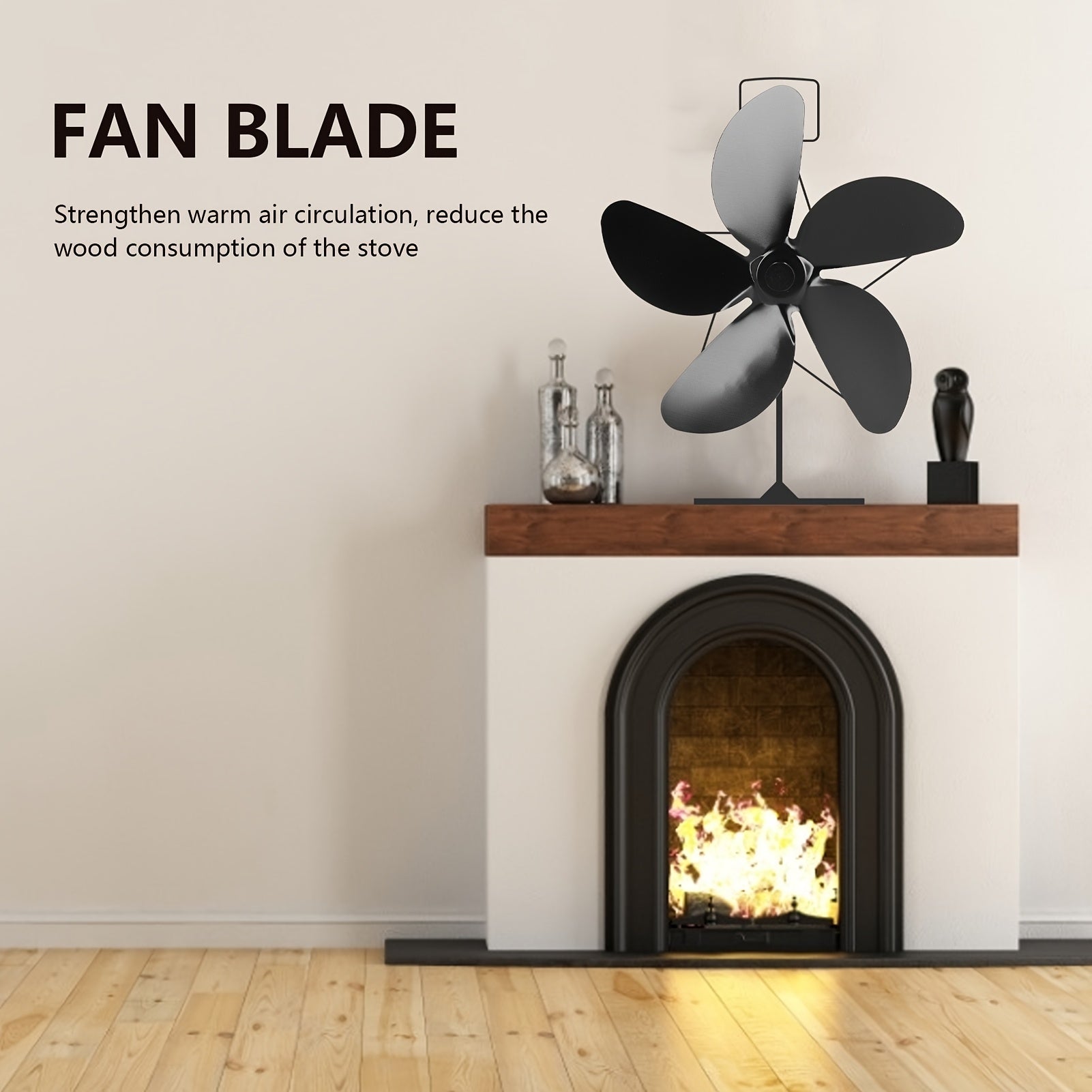 Set of 5 Black Aluminum Alloy Blades for Fireplace Fan, Heat Distribution, Easy Install