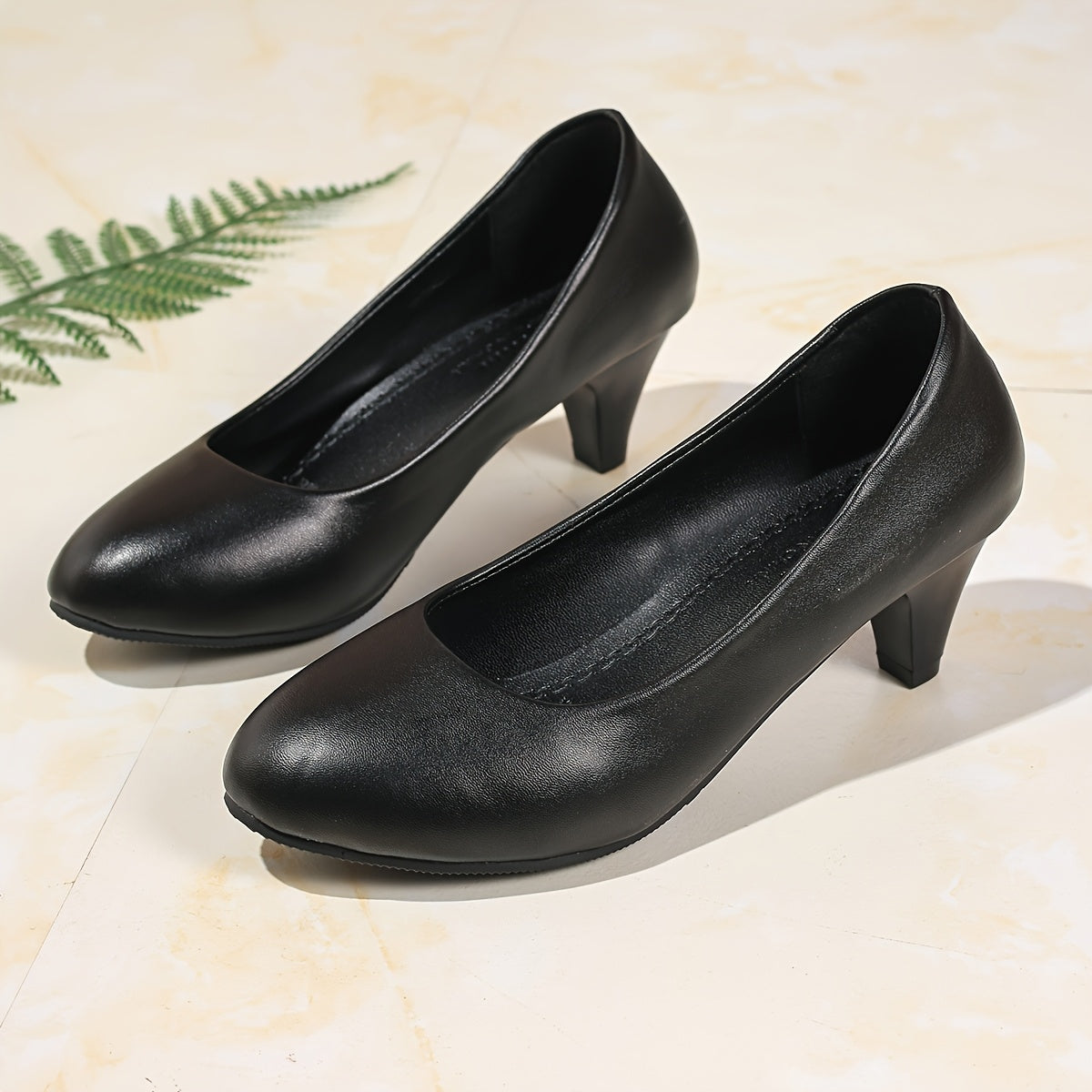 Women's Black High Heels Flare Fit Round Toe Thick Sole Pump