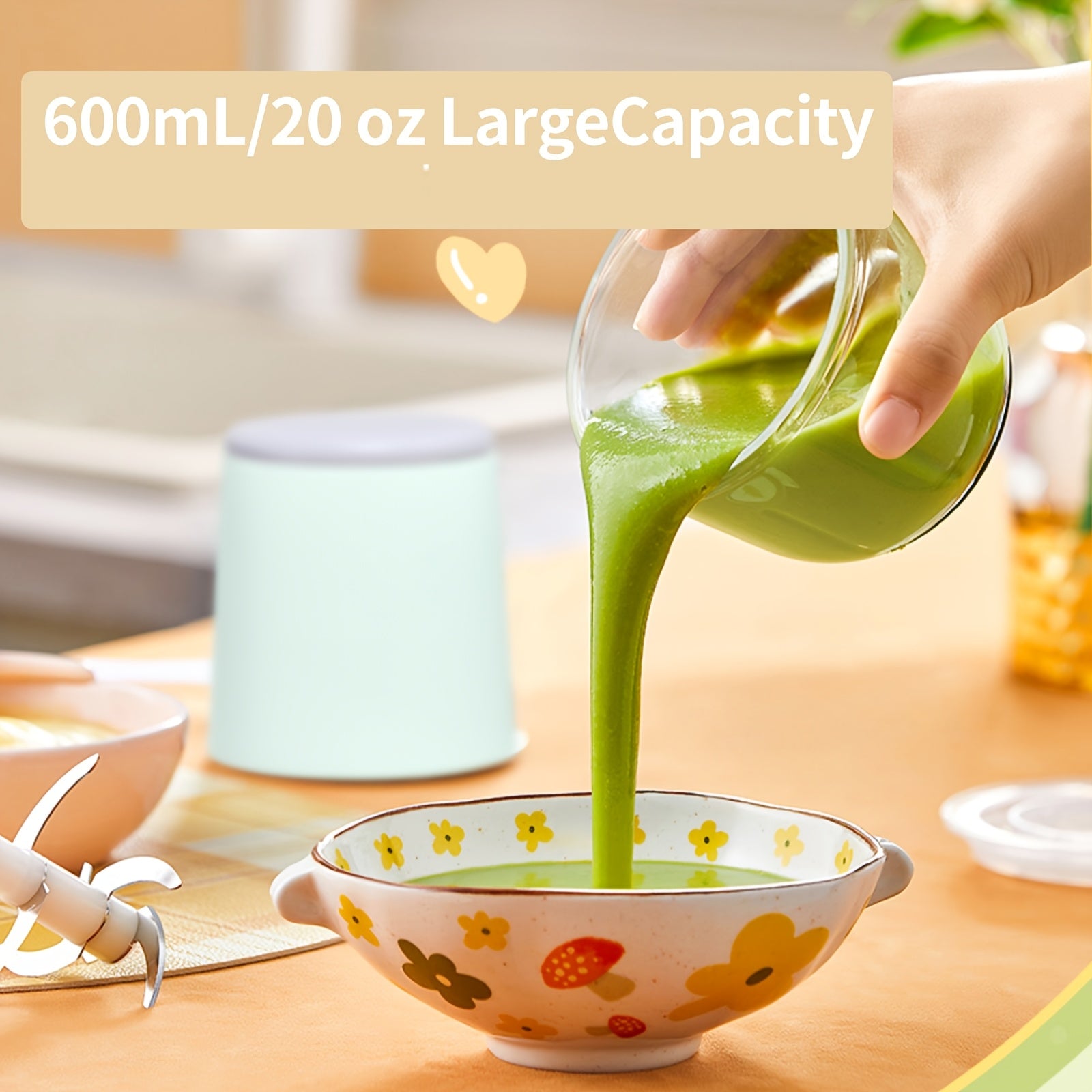 USB bilan qayta to'ldiriladigan elektr go'sht maydalagich va oziq-ovqat protsessori - 0.6L shisha blender, 6 ta o'tkir pichoq bilan, 148W, yengil to'q rangli asos, shaffof korpus, uy oshxonasida foydalanish uchun mukammal