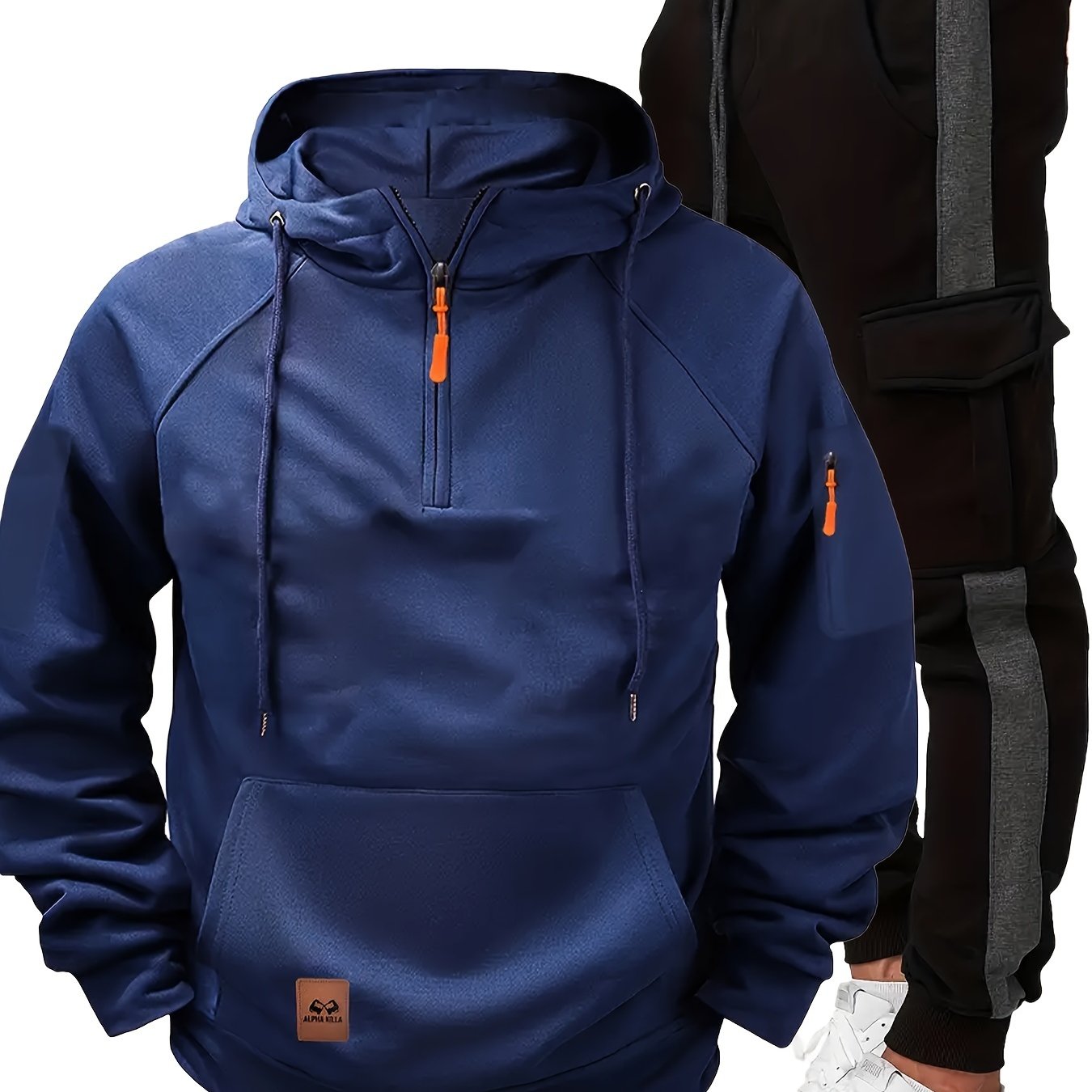 Erkaklar kuz/qish tasodifiy sport kiyimlari to'plami: Kapüşonli fermuarlı kurtka va tortma belli sport shimlari, polyester, tashqi faoliyatlar uchun odatdagi moslik.