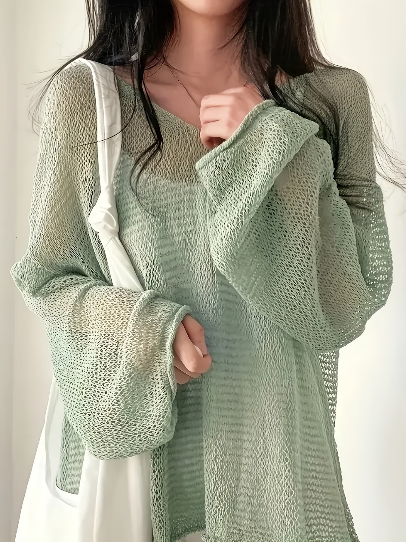 Plus Size Women Light Green V-Neck Cardigan Long Sleeve Loose Fit