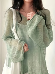 Plus Size Women Light Green V-Neck Cardigan Long Sleeve Loose Fit