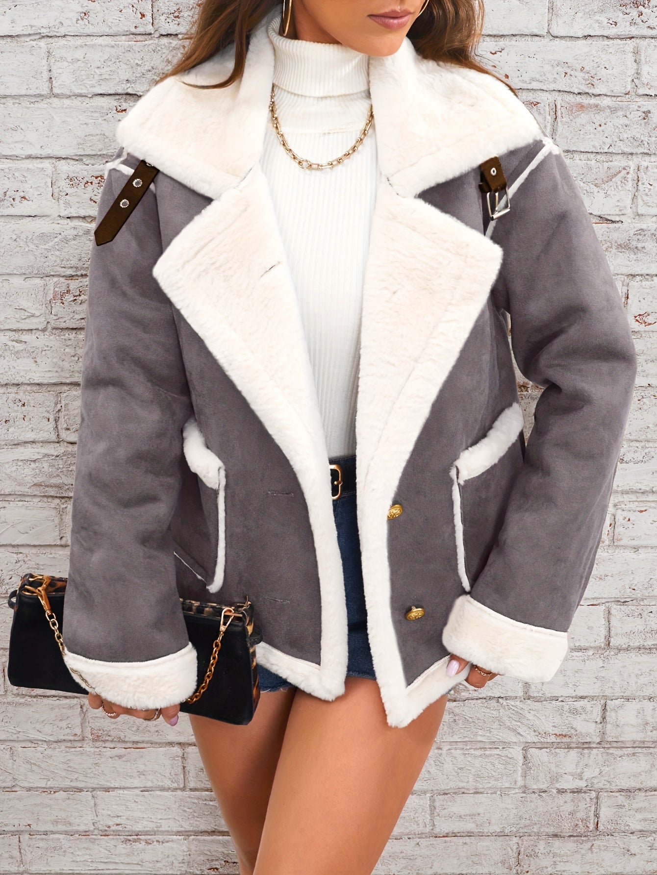 Women's Cozy Plush Lapel Jacket Fall Winter Solid Polyester Casual Biker Outwear