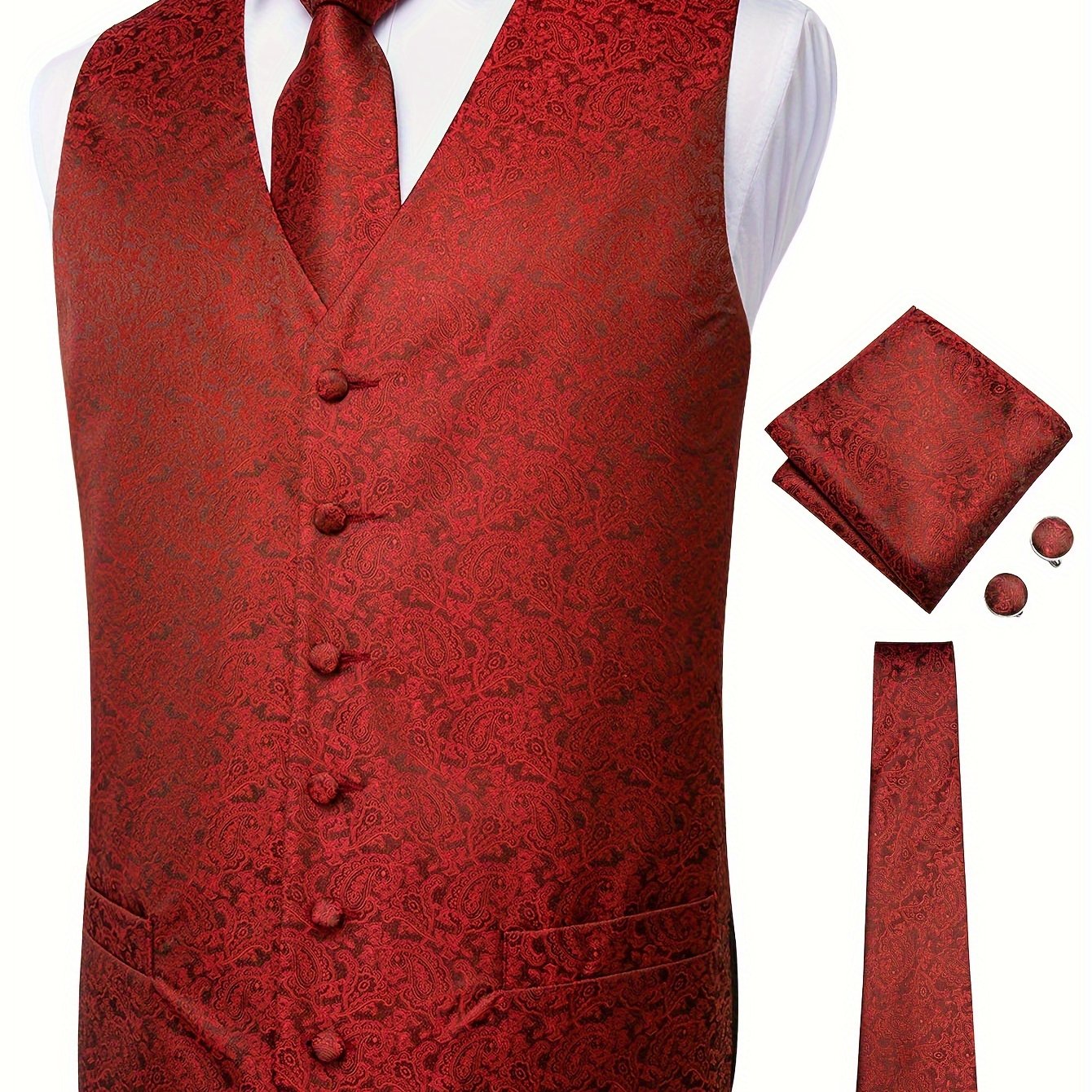 Plus Size Men's Paisley Vest Set with Necktie Hanky Cufflinks for Business Wedding Party