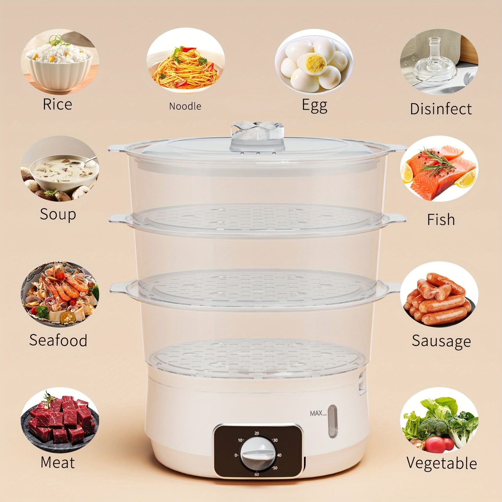 1 EU LIPWEL bug'lamali pech, 13L sig'imli, 800W, 3 ta konteyner, 60 min taymer, 2 ta suv kirish joyi, oq rang, stackable savat. Sabzavotlar, tuxum, guruch va mol go'shtini bug'lash uchun juda yaxshi.