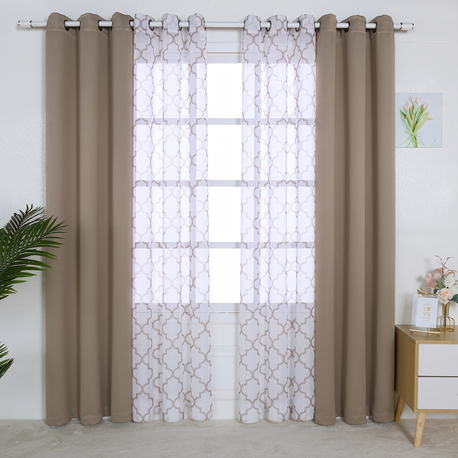Blackout Curtains and Sheer Panels Set with Snowflake Pattern Indoor Window Decor