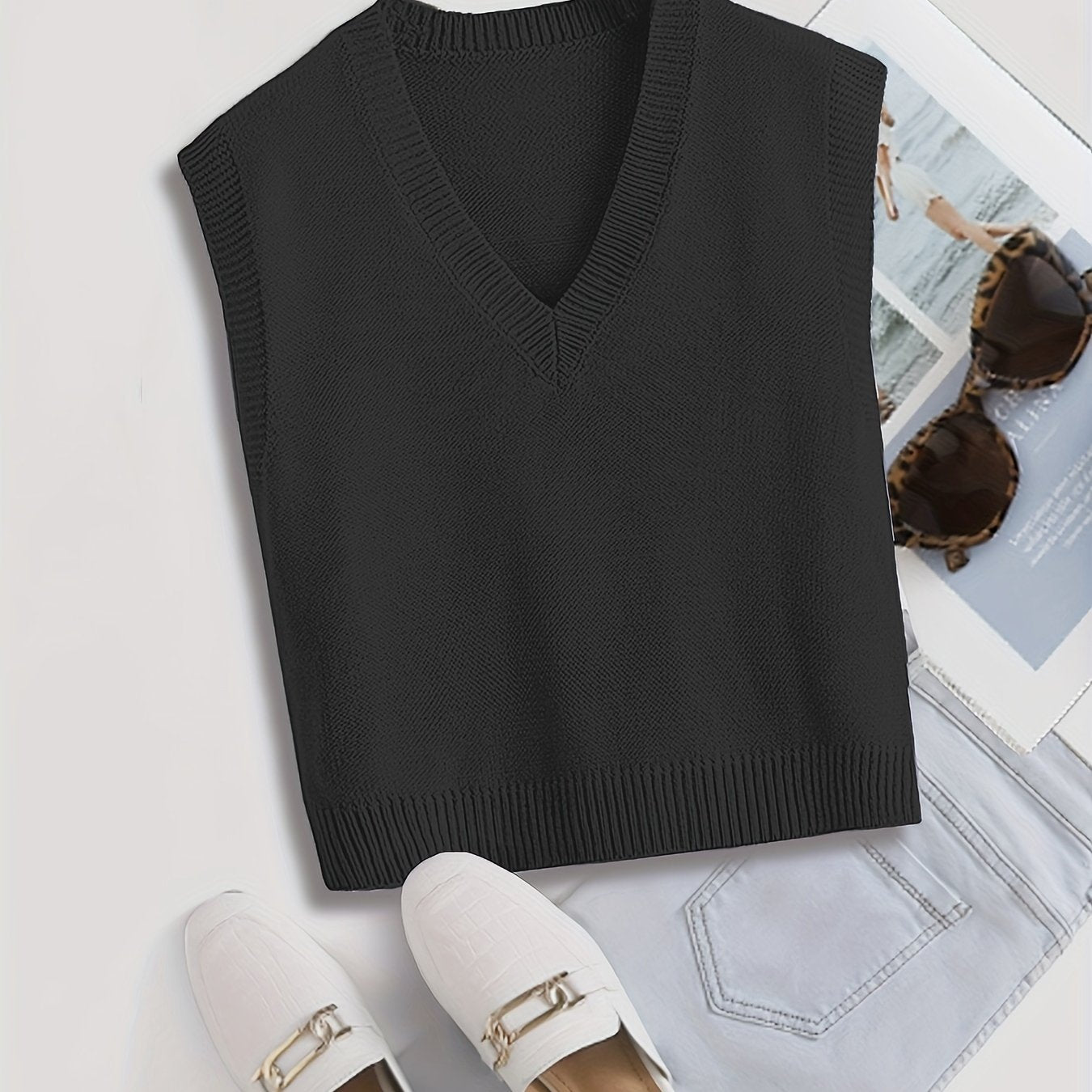 Women's Ribbed V Neck Sleeveless Sweater Vest Solid Knit Spring Fall