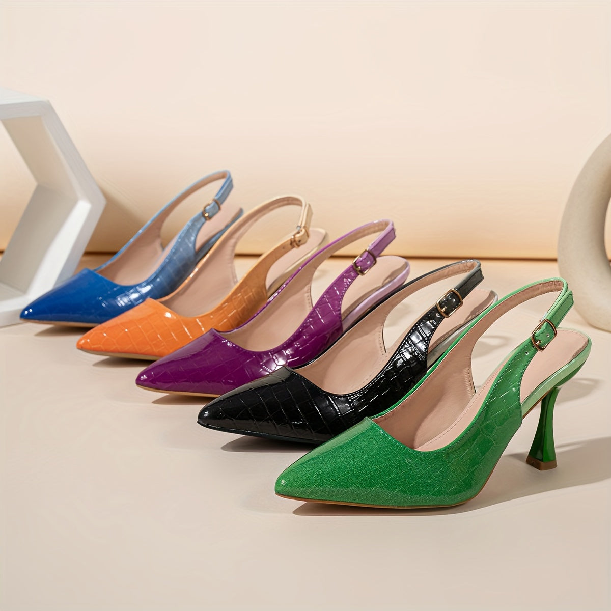 Women's Pointed Toe Slingback Pumps Gradient High Heels Croc-Embossed