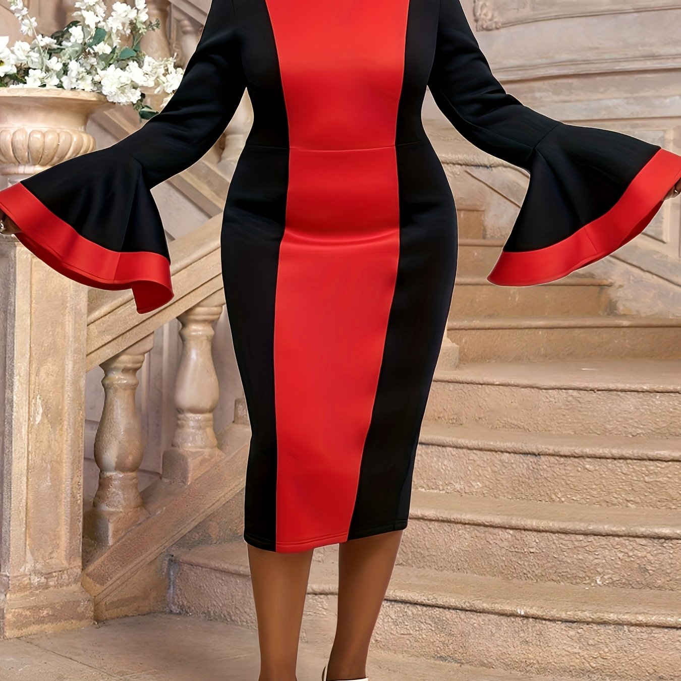 Women's Color Block Midi Dress with Flared Sleeves and High Slit