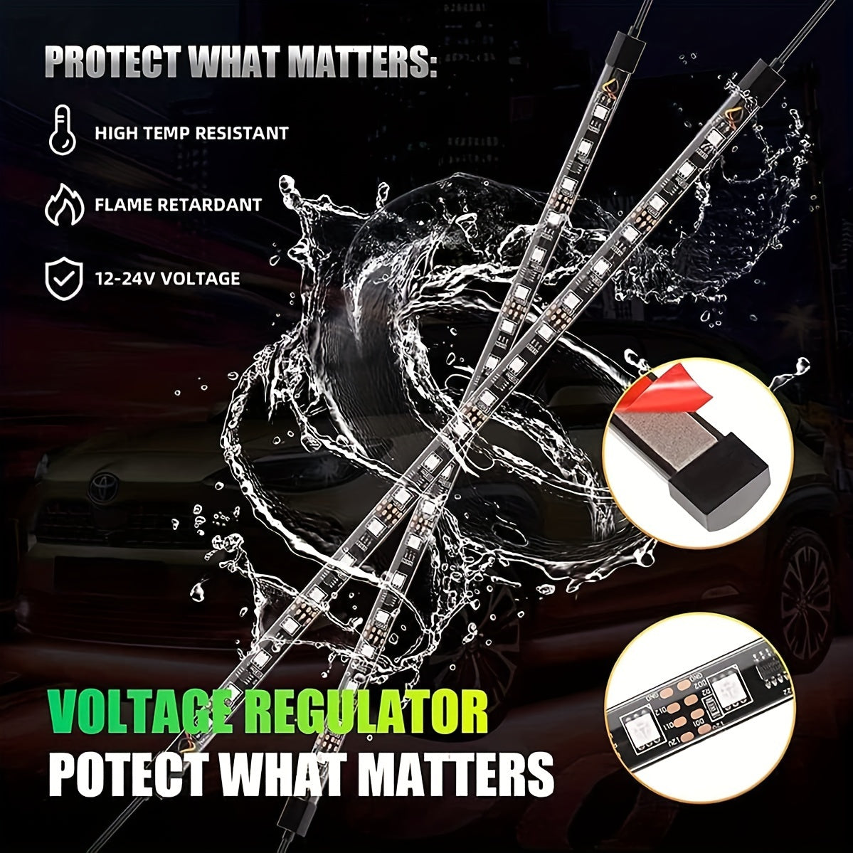 4PCS RGB Car Underglow Neon Strip Lights | 8 Colors, Music Sync, Wireless Remote