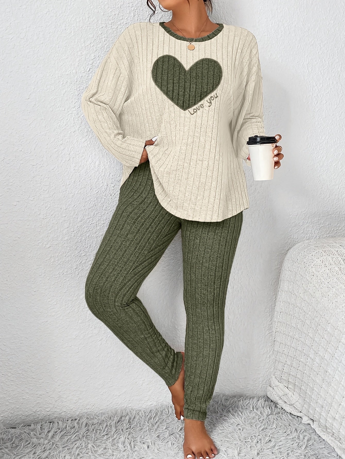 Plus Size Heart Fitted Long Sleeve and Long Pants Loungewear Set
