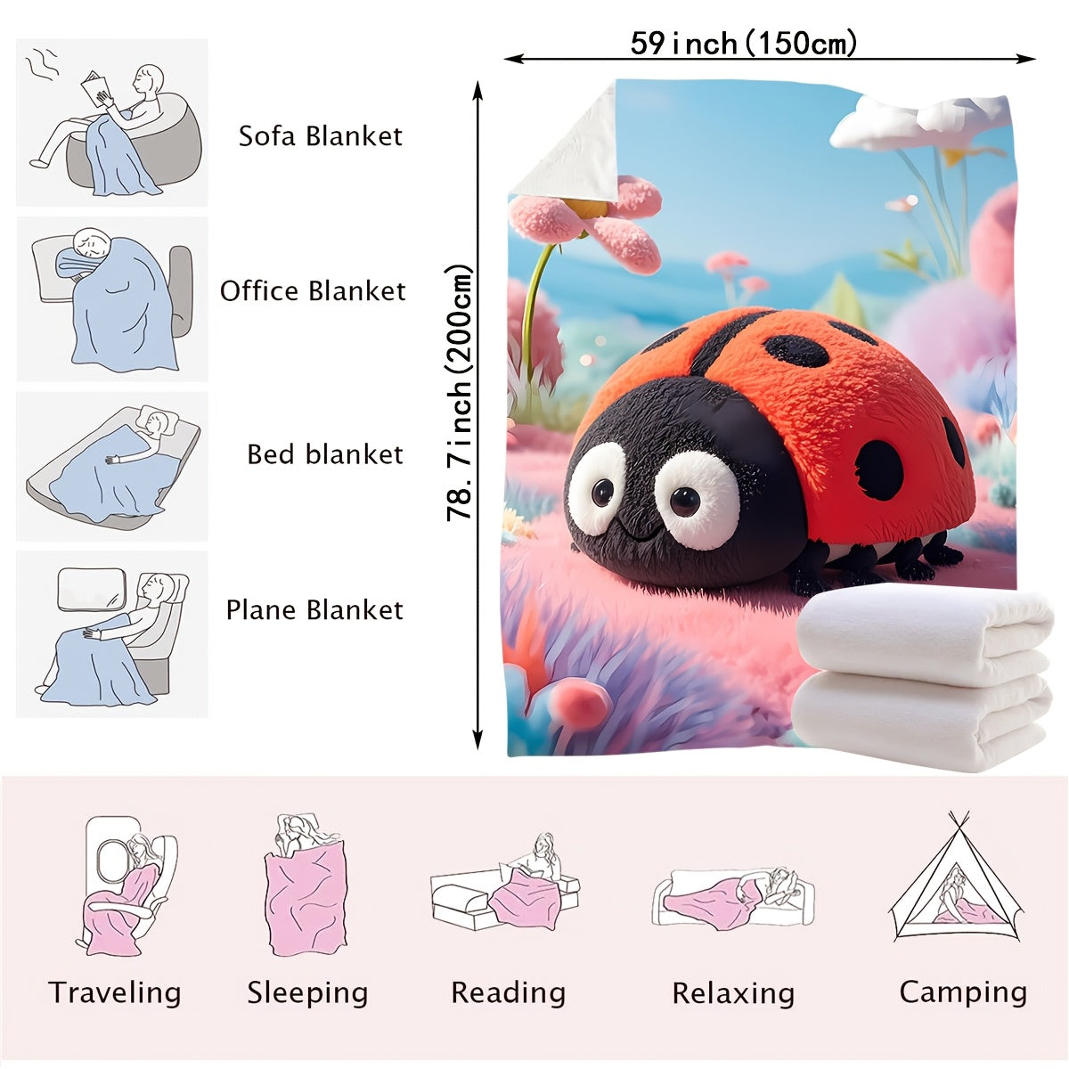 Ladybug Plush Throw Blanket All-Season Knit Soft Polyester for Kids and Home