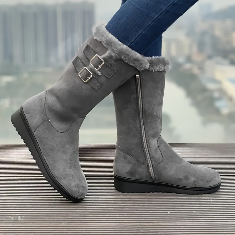 Women's Winter Boots Thickened Mid-Calf Zipper Slip-Resistant Faux Fur Black