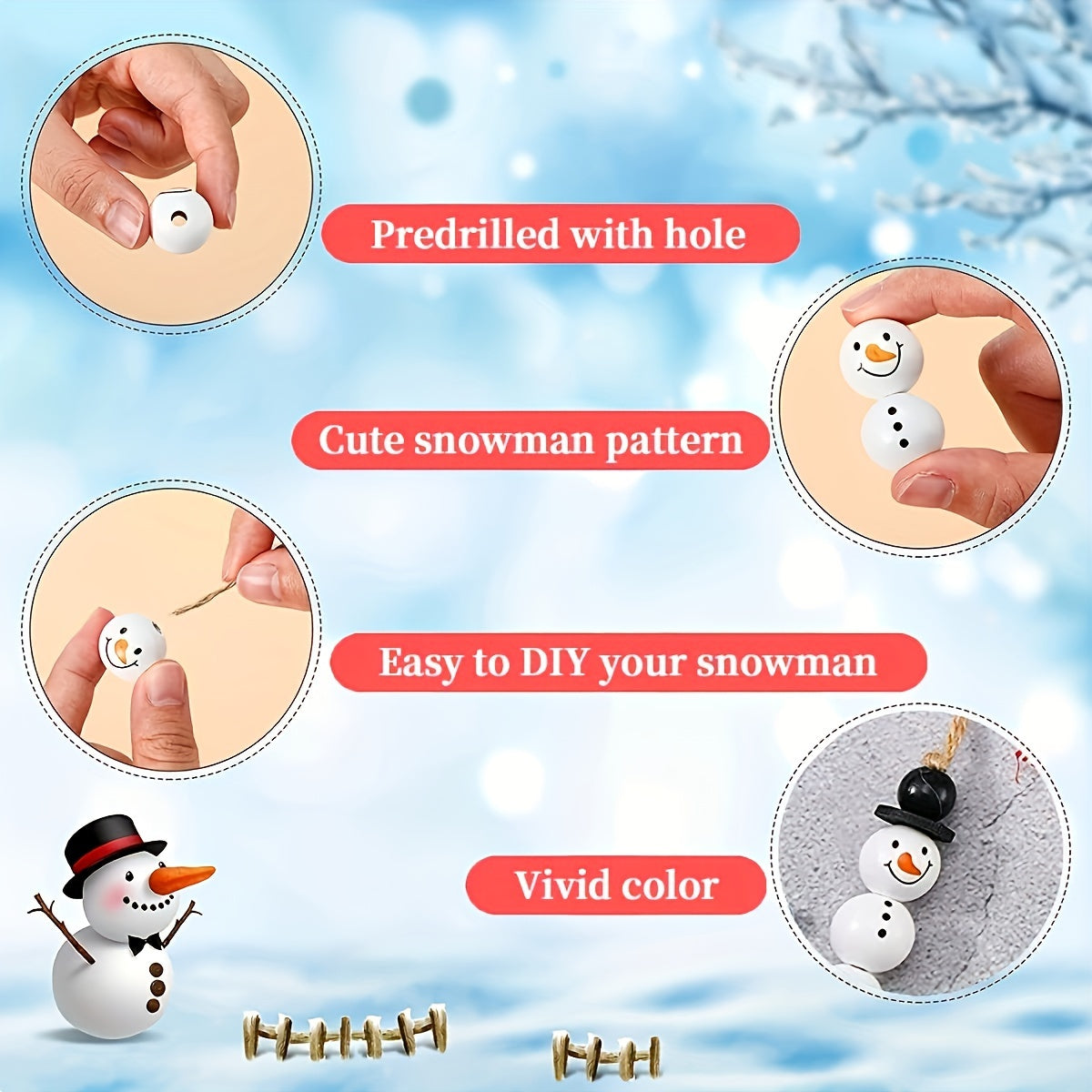 Wooden Bead Craft Kit for DIY Jewelry Making Includes Snowman Beads and String