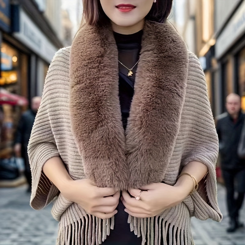 Elegant Acrylic Shawl Wrap with Faux Fur Collar Batwing Sleeves for Night Out