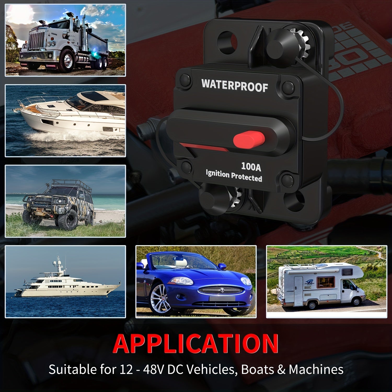 Interruptor de circuito manual cuadrado de reinicio 100A para protección de encendido camiones barcos