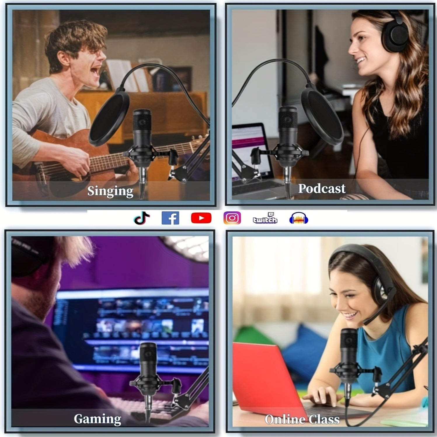 Professional Podcasting Microphone Kit with Live Sound Card and Mixer Black 3.5mm USB Charging