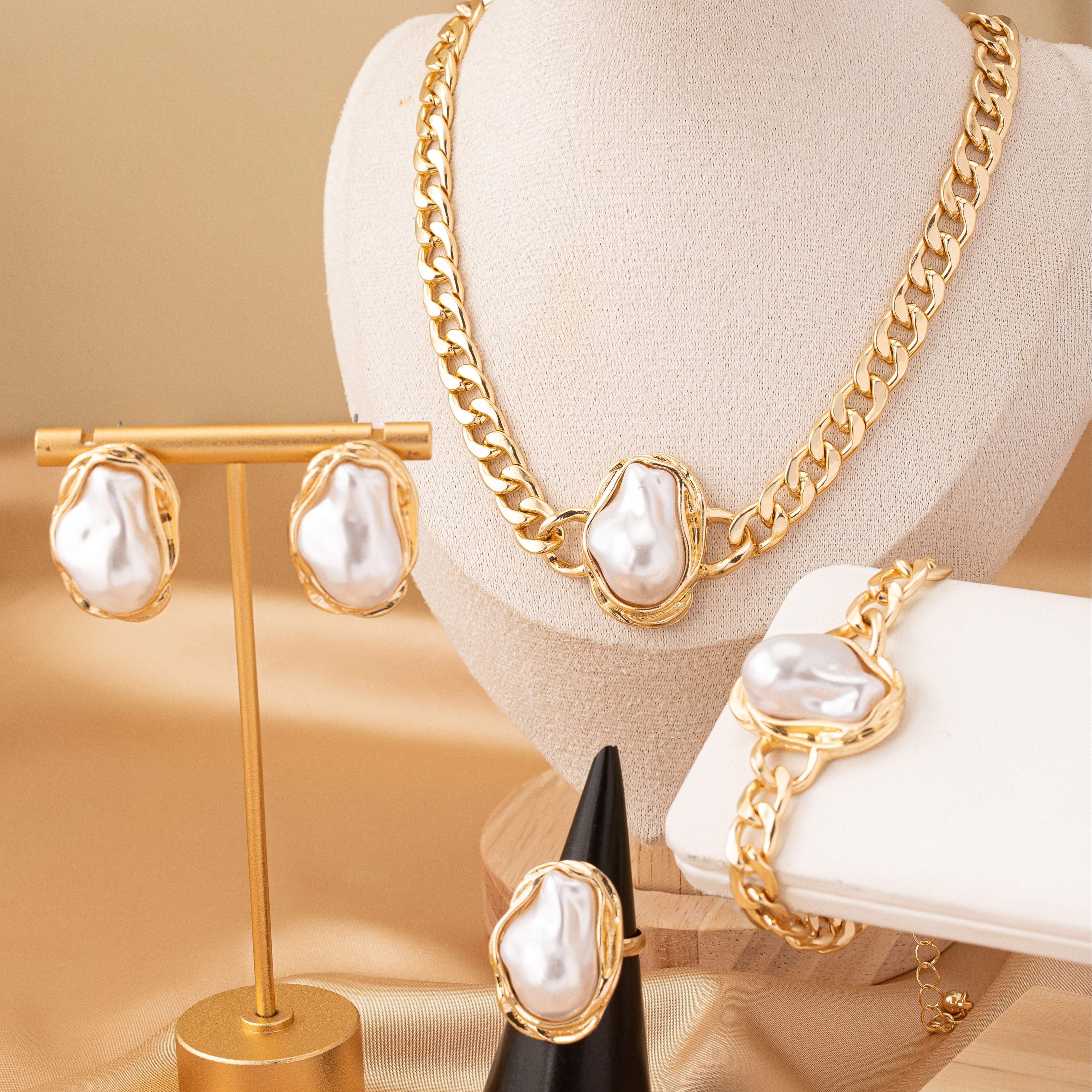 Women's Jewelry Set with Faux Pearl Pendant Necklace Bracelet Earrings Casual Style