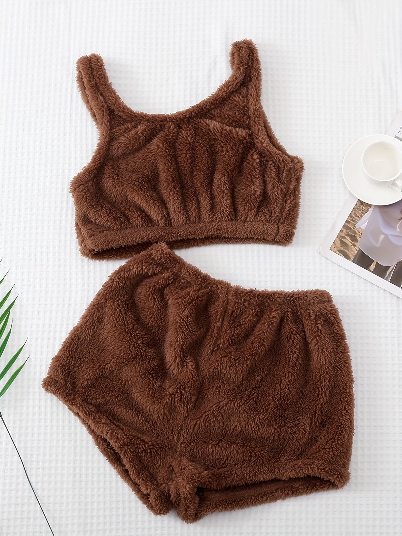 Women's Fuzzy Bear Vest Pajama Set Winter Micro Elastic Polyester Knit