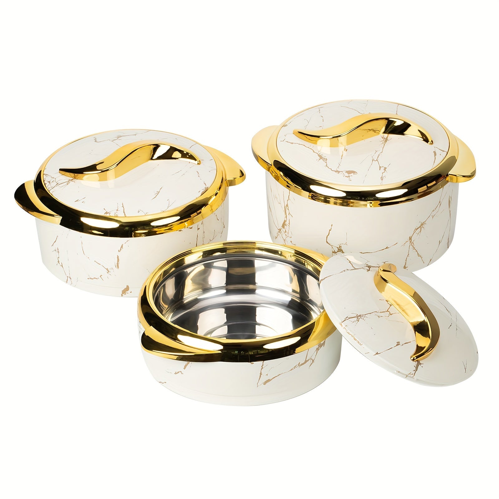 Food Warmer Set with Insulated Stainless Steel Containers 3-Piece White and Gold Marble