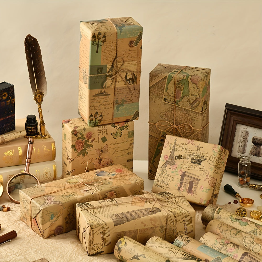 Kraft Paper Packaging with Vintage Newspaper Design and Eiffel Tower Bicycle Prints