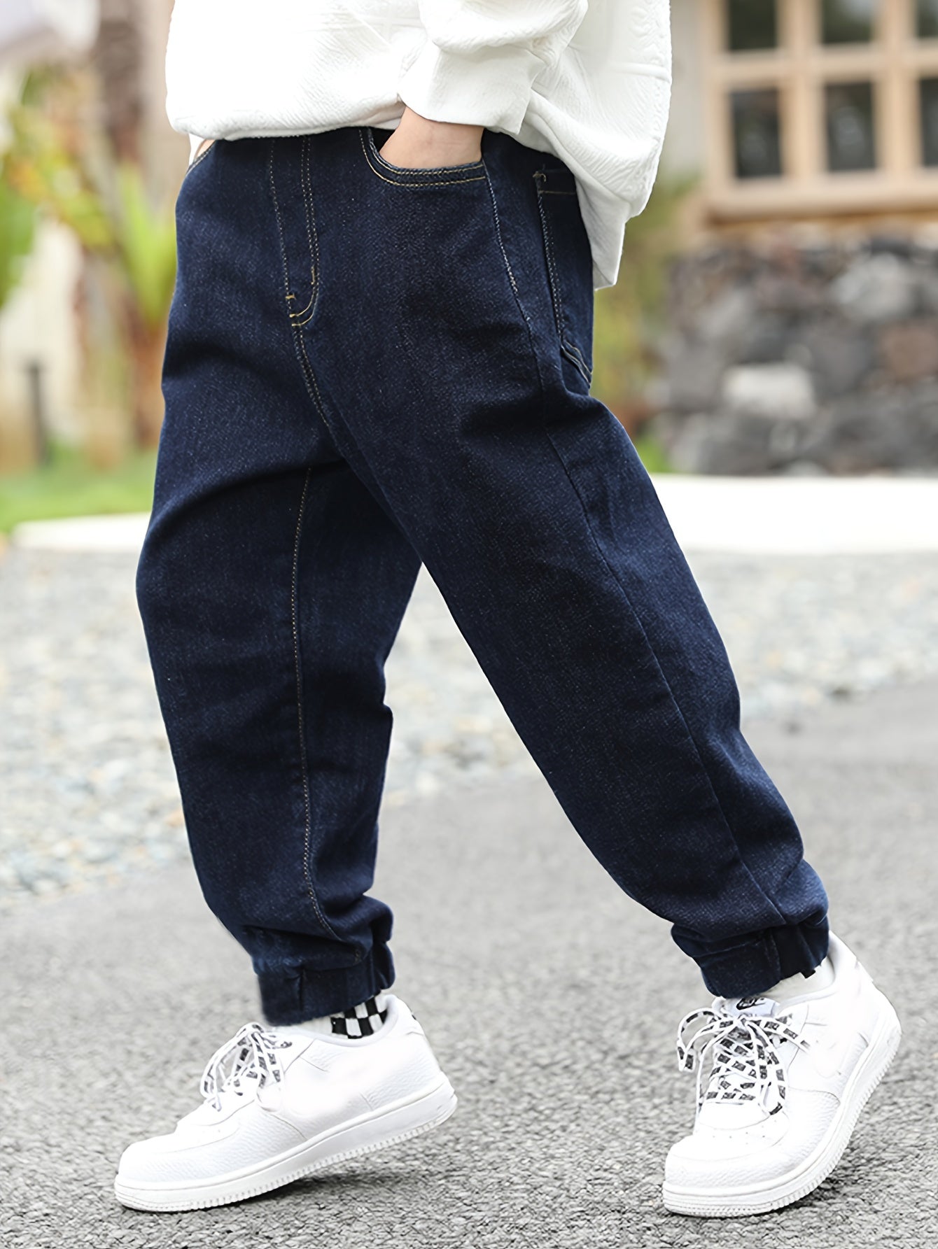Boys High-Waisted Denim Jogger Pants with Elastic Waist and Cuffed Ankles