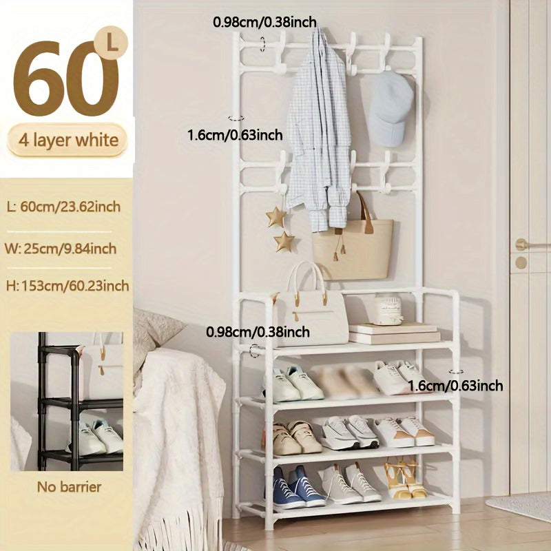 Organizador de entrada multifuncional con estante de metal y ganchos para chaquetas y zapatos