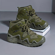 Erkaklar uchun mustahkam, nafas oladigan, vintage uslubidagi piyoda botinkalari, barcha mavsumda ochiq havoda sarguzashtlar uchun yashil yuqori to'plam dizaynida qiyin taglik bilan.