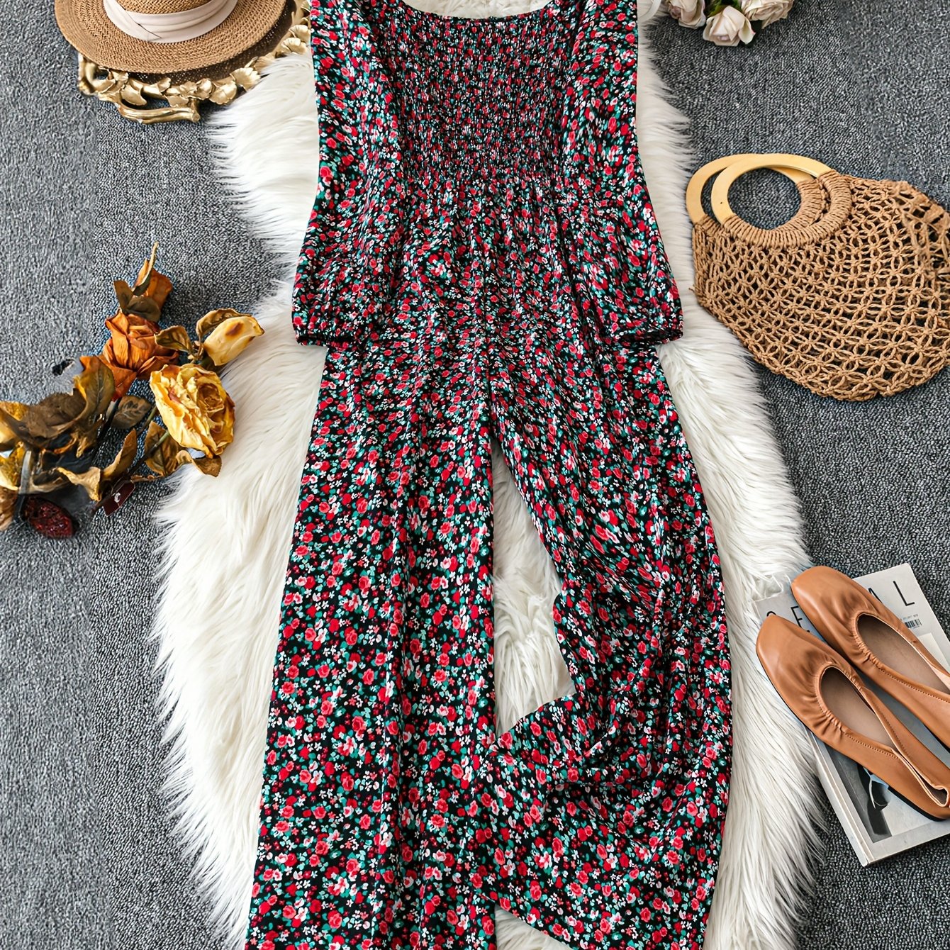 Women’s Floral Print Jumpsuit Square Neck Ruched Slim Fit Spring Fall Casual Formal