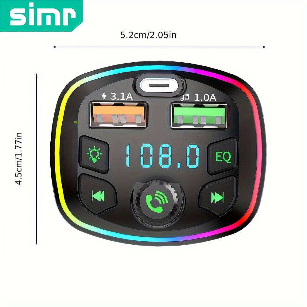 Wireless Car MP3 FM Transmitter Dual USB Type C Charger Ambient Light 12V