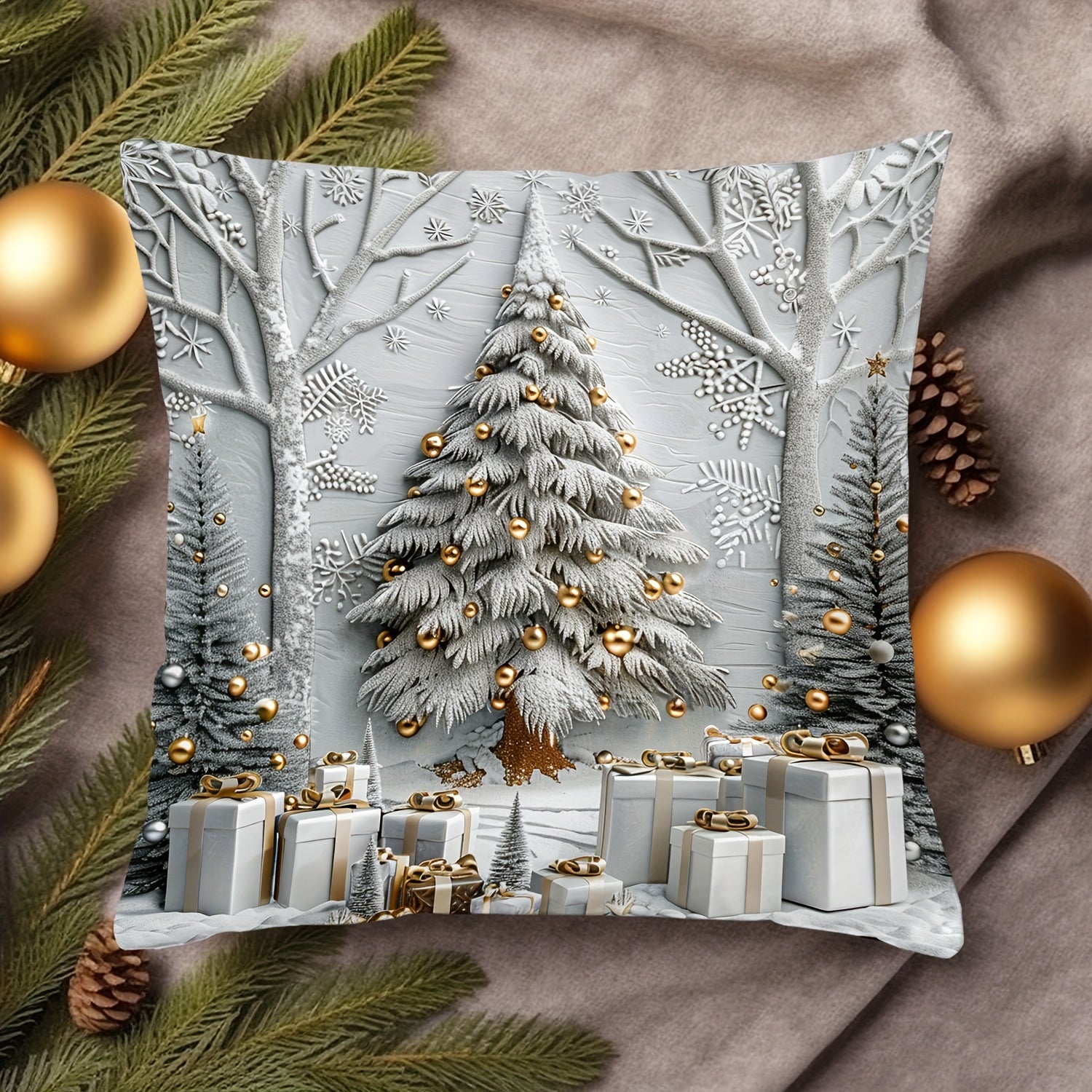 Christmas Tree and Gifts Pattern Throw Pillow Cover 44cm x 45cm Polyester Sofa Decor