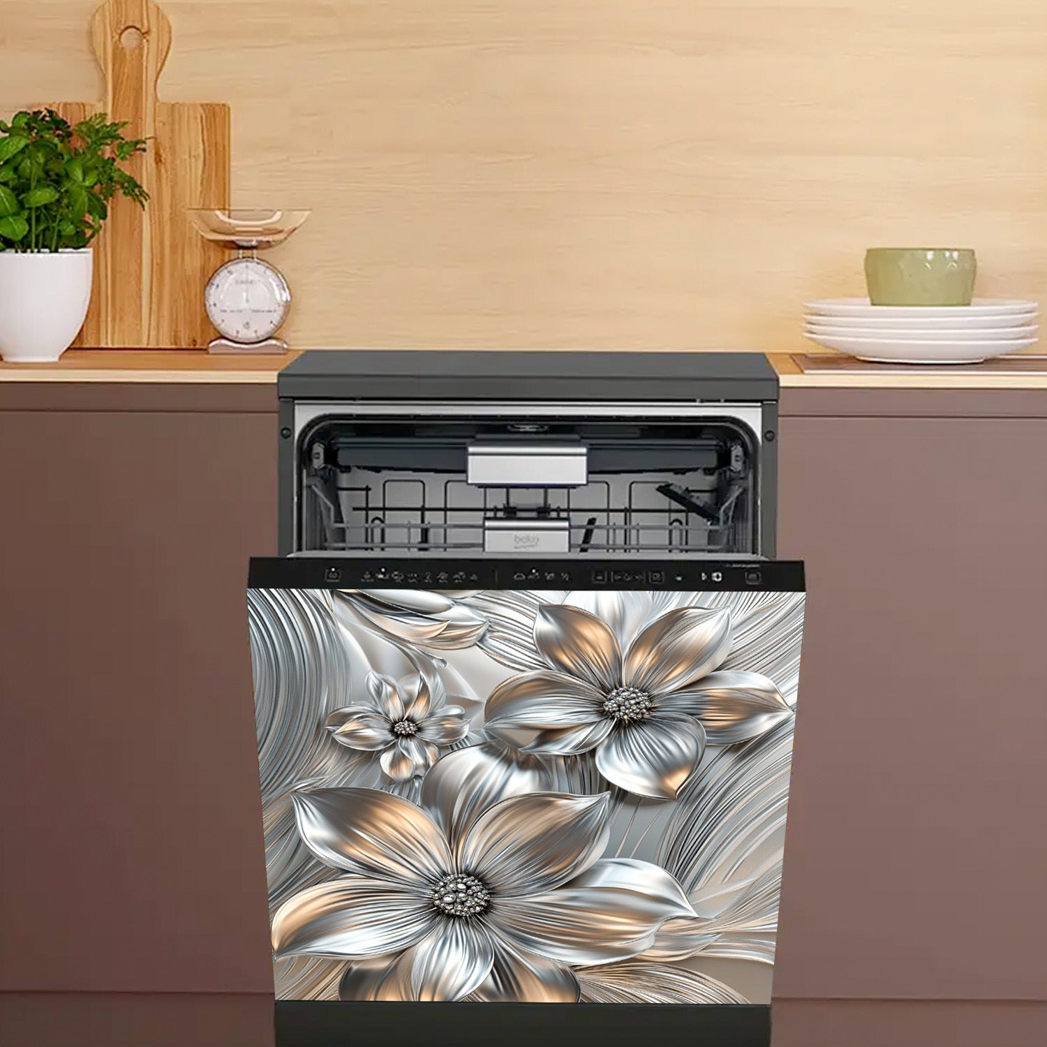 Dishwasher Magnet Cover Silver Floral Waterproof Heat-Resistant Easy to Clean Kitchen Decor Sticker