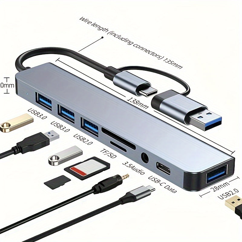 8-port USB 3.0 Type-C hubi, audio mikrofon va Micro SD karta o'quvchi bilan, noutbuklar va MacBook Pro uchun