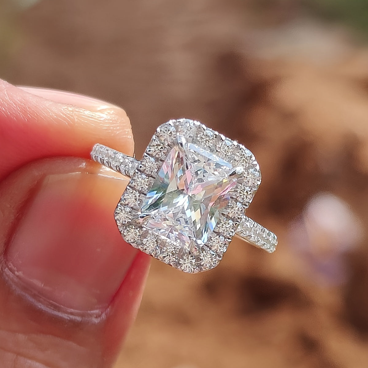 Sterling Silver Engagement Ring with Rectangular Halo and Cubic Zirconia