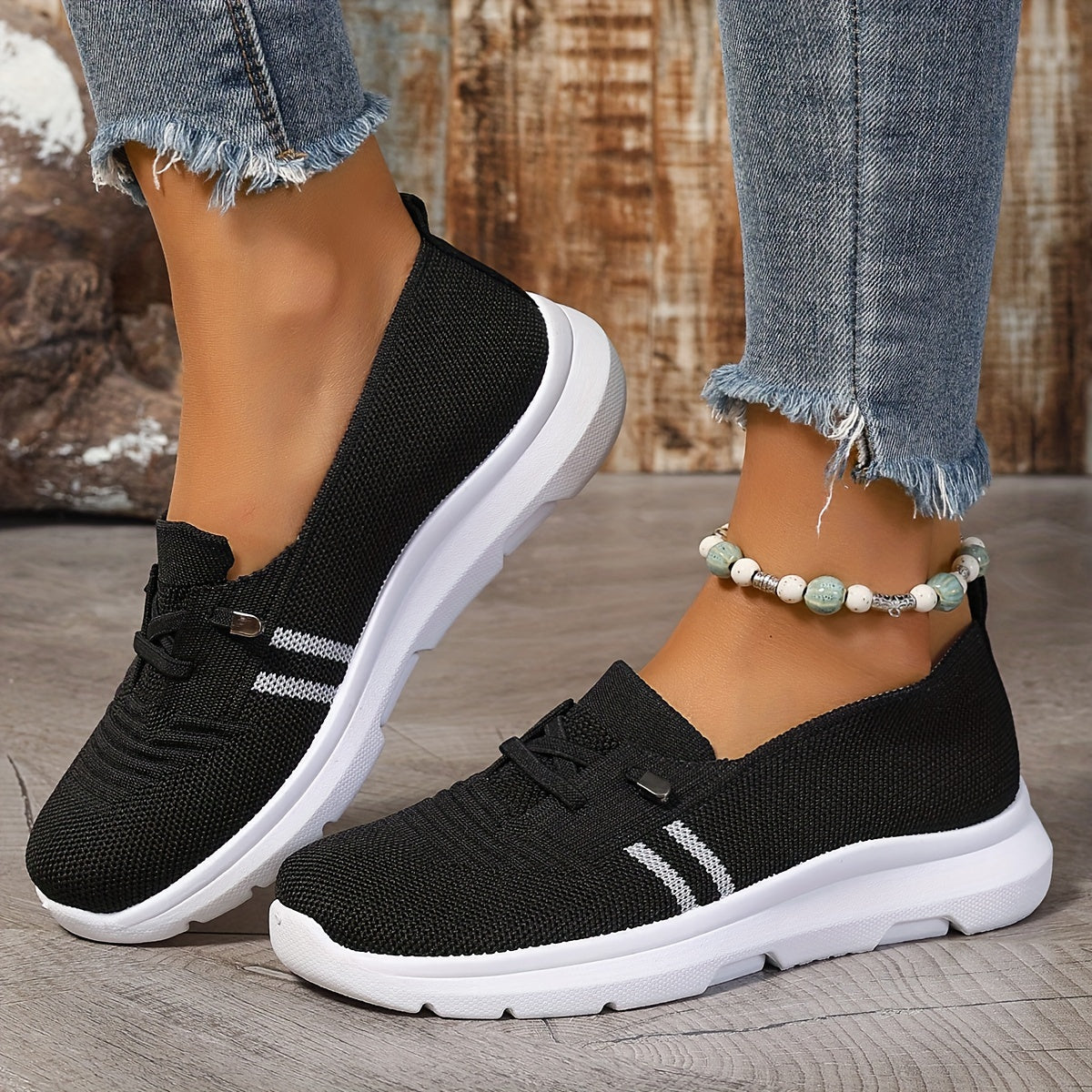 Ladies Breathable Casual Slip-On Sneakers Low Top Fabric Stripes
