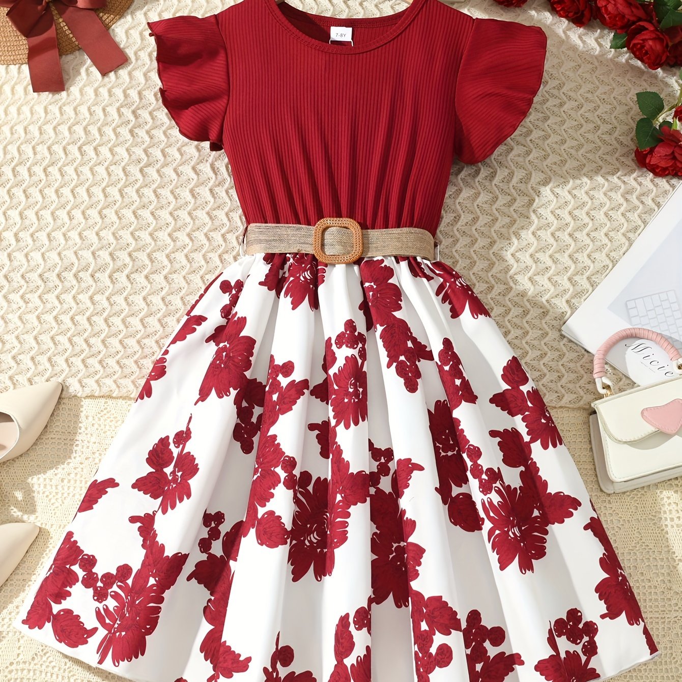 Girls Summer Floral Dress with Ruffle Sleeves Knee-Length Polyester Knit Belt Lavender White