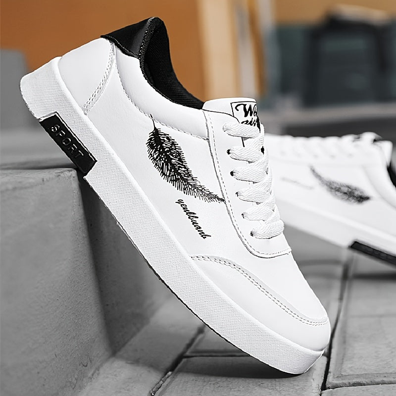 Zapatos de skate para hombre de patrón de plumas de caña baja, casuales, antideslizantes, con cordones