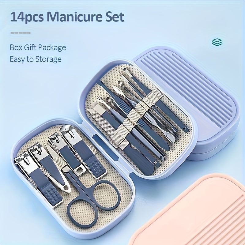 14-Piece Stainless Steel Manicure and Pedicure Set with Concave Edge Clippers and Portable Storage Box for Men and Women