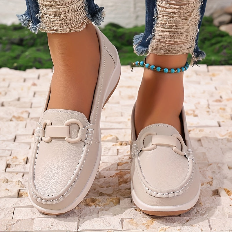 Women's Slip-On Loafers PU Cover Flats with Buckle Non-Slip Casual Shoes