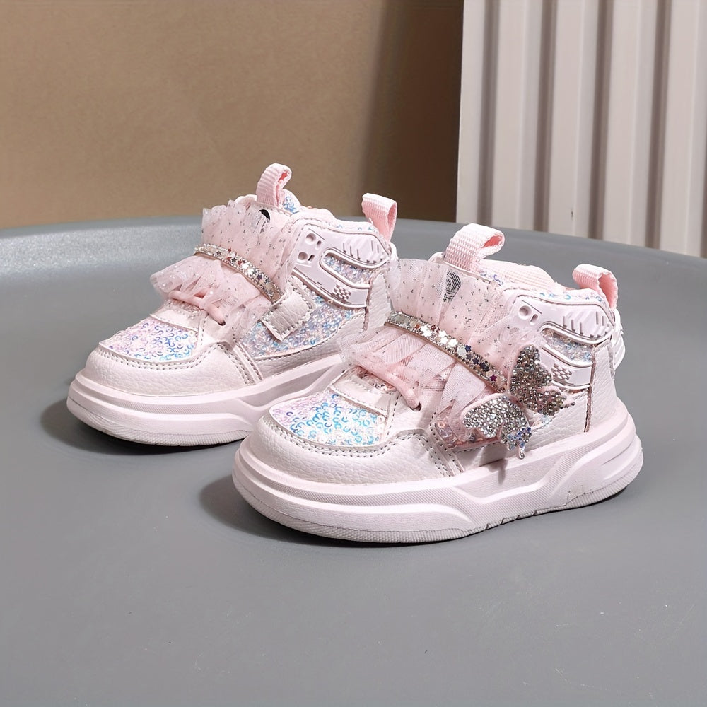 Girls' Mid-Top Sequin Rhinestone Bow Sneakers Casual Street Party Shoes