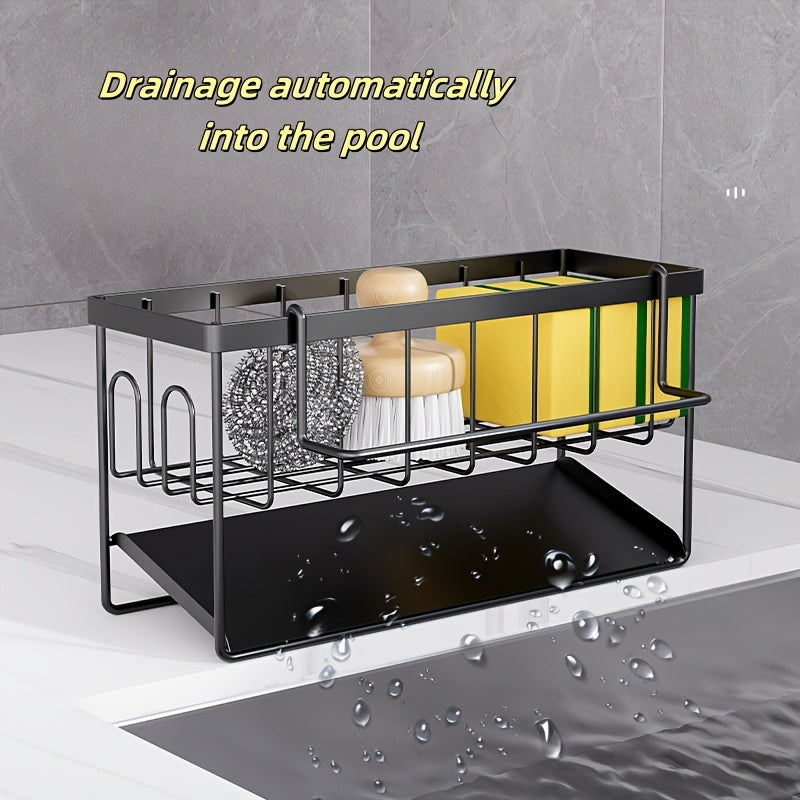 Organizador de fregadero de cocina con soporte para toallas, soporte para esponjas de metal, soporte para jabón y drenaje automático