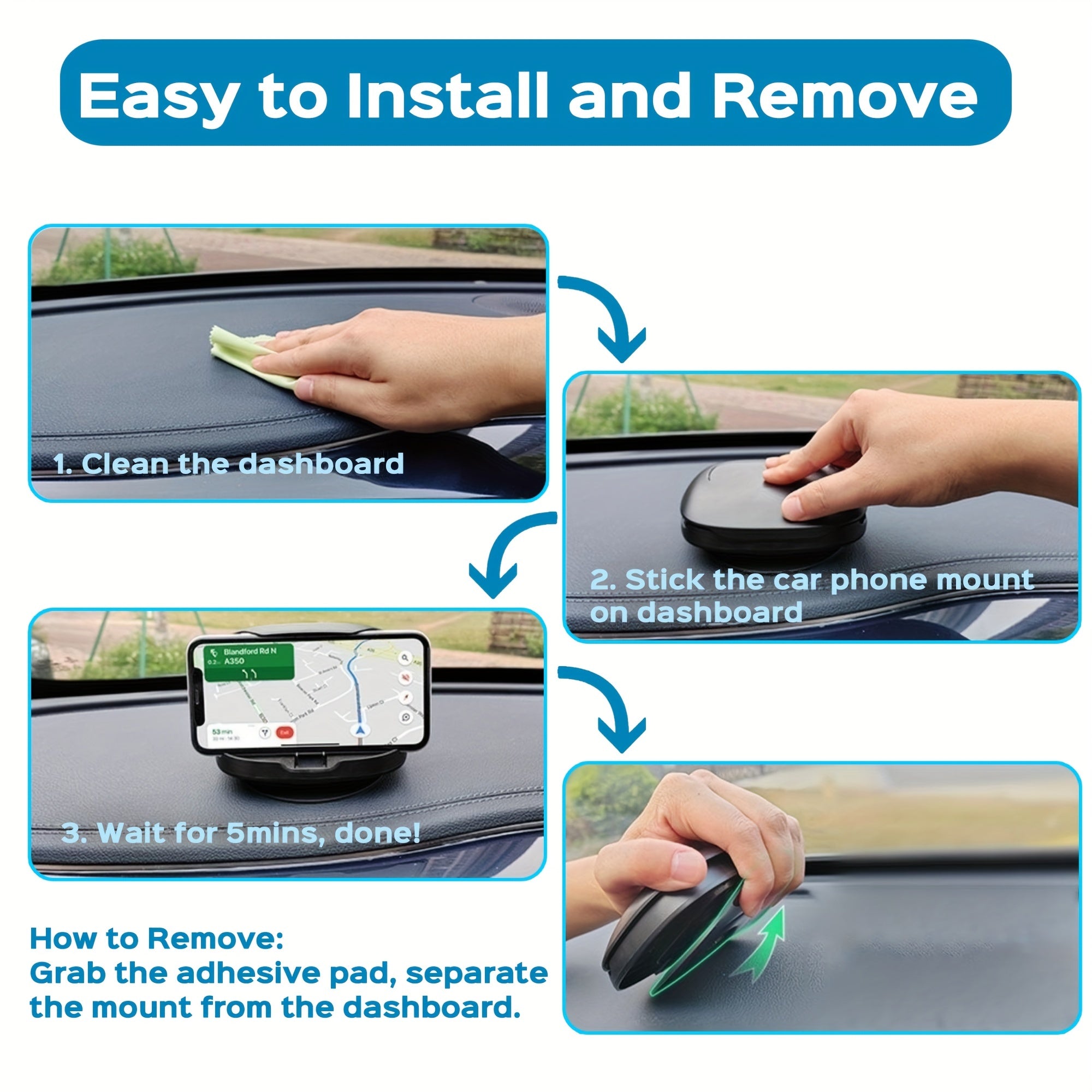 Universal Car Phone Mount Rotating 360°, Adjustable Holder for iPhone and Android