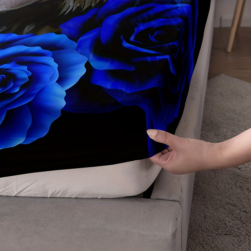 Conjunto de ropa de cama de lobo místico y rosa azul con sábana ajustable y fundas de almohada, impresión digital para todas las estaciones