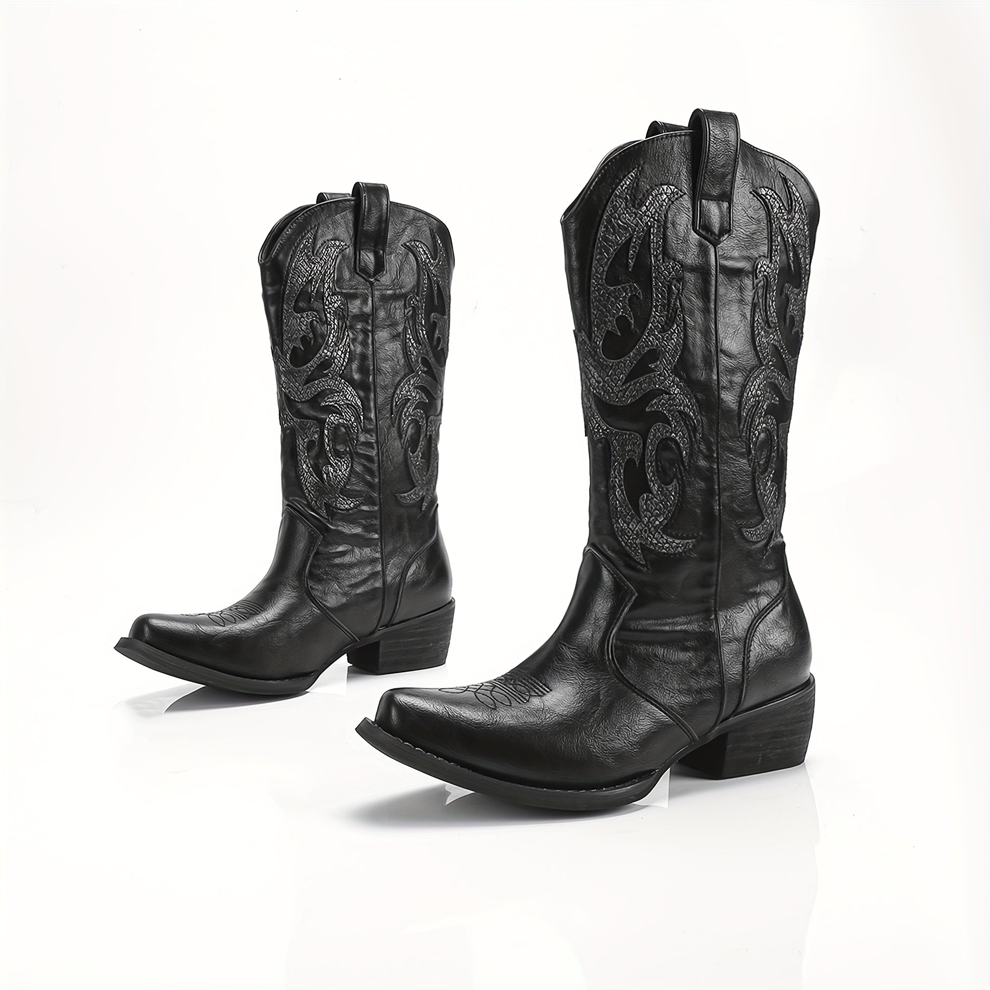 Women's Western Cowboy Boots Square Toe Mid-Calf Animal Print Slip-On