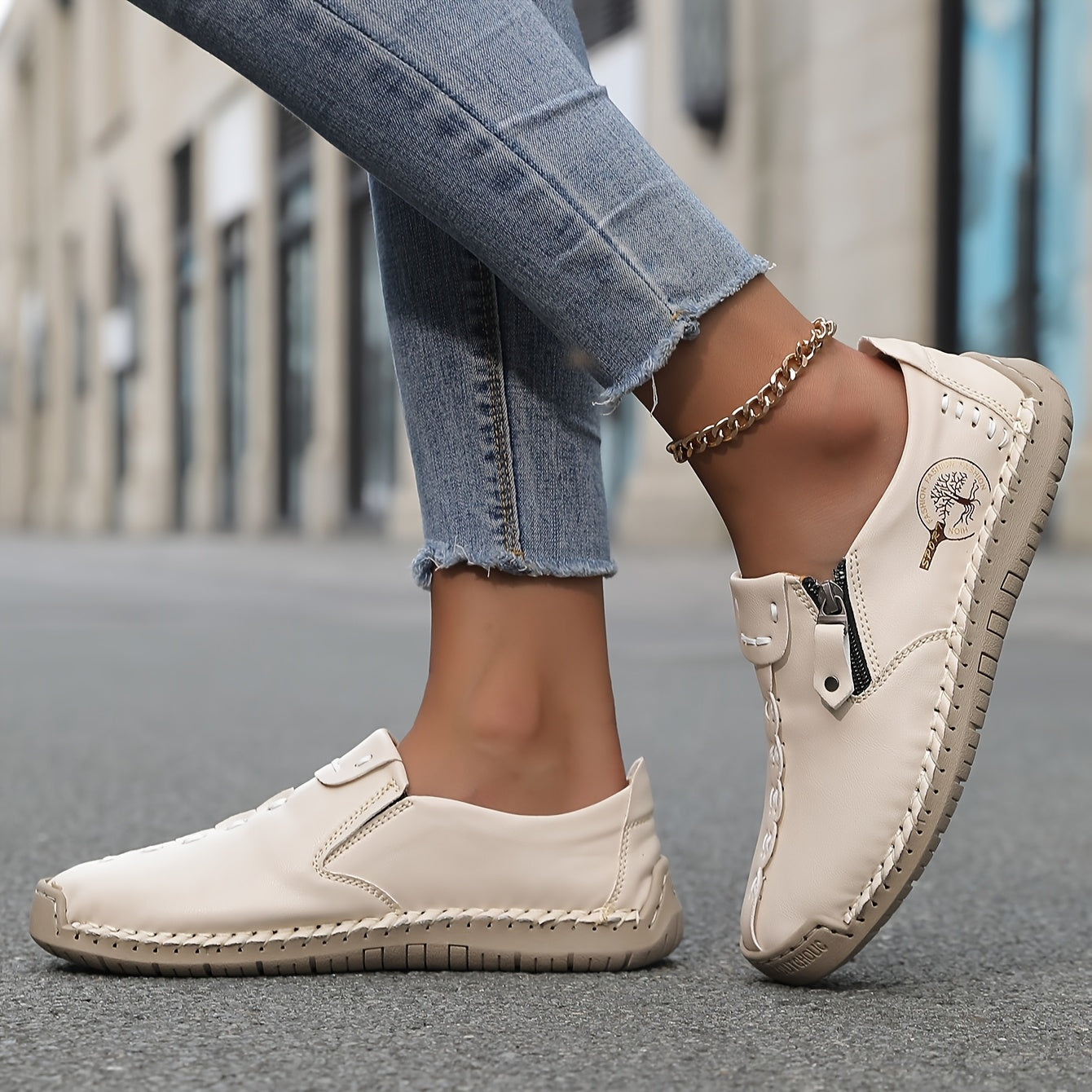 Women's Handmade Casual Loafers Slip-On Sneakers with Zipper Rubber Sole