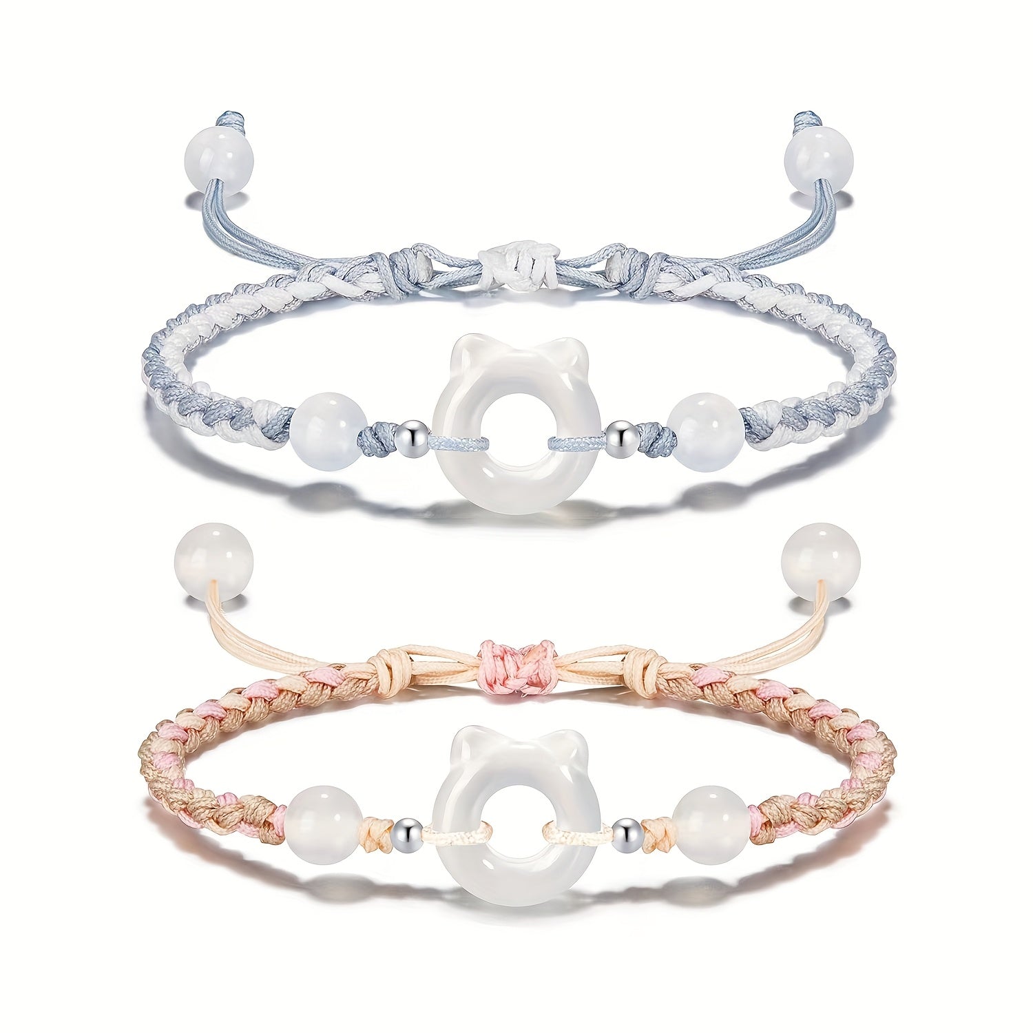 Set of 2 Handwoven Cat and Star Couple Bracelets Resin Charms Minimalist Valentine's Day Anniversary Gift