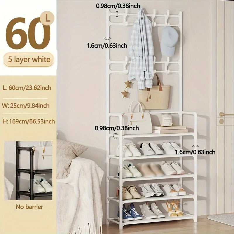 3-in-1 Metal Coat Rack Shoe Storage Stool Entryway Hall Tree with 8 Hooks and Shoe Rack