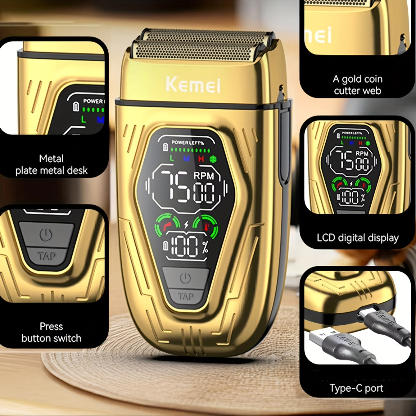 Electric Razor for Men Double-Headed Quick Charge Long Battery Life Stylish Black Golden