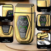 Afeitadora eléctrica para hombres con doble cabezal, carga rápida, larga duración de batería, elegante en negro y dorado